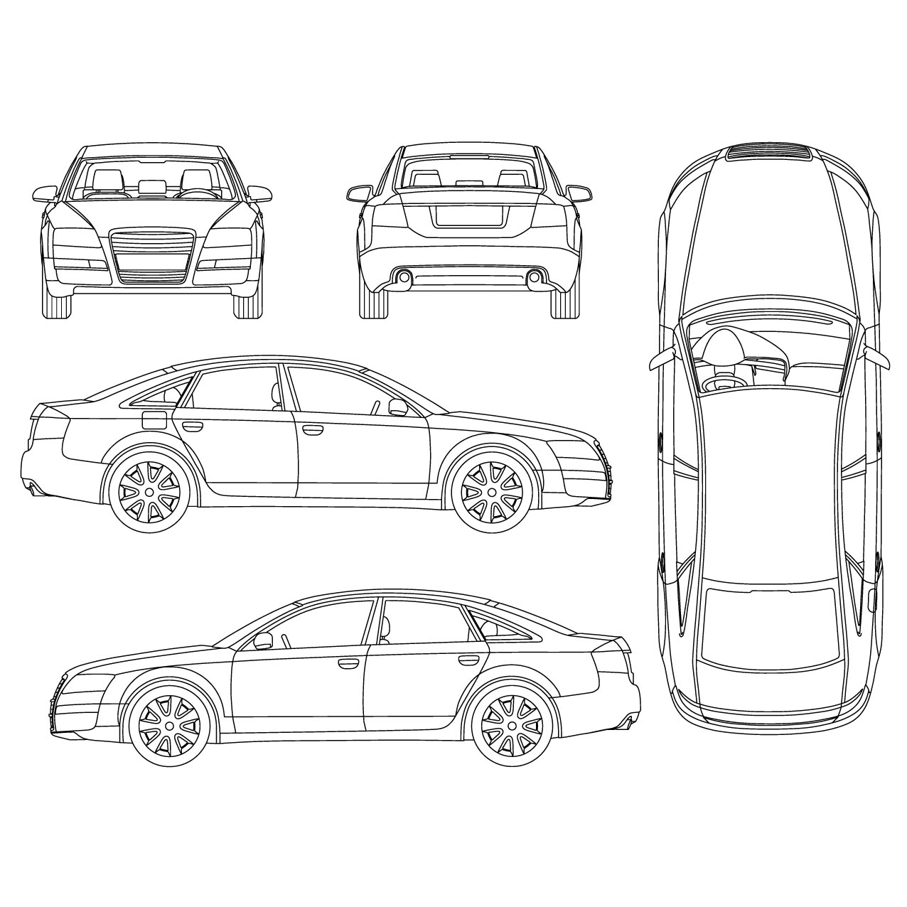 Car outline with front, rear, side, and top views for marking damage